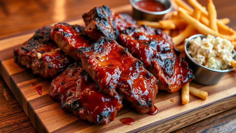"BBQ seitan skewers coated with a smoky, caramelized glaze, served with coleslaw and fries on a wooden board."