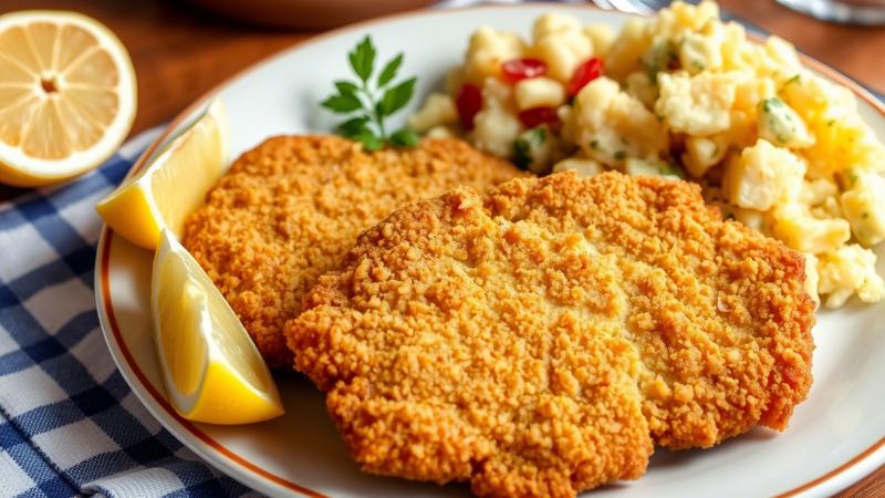 "Crispy seitan schnitzel with a golden-brown crust, served with sauerkraut, potato salad, and a wedge of lemon on a rustic plate."