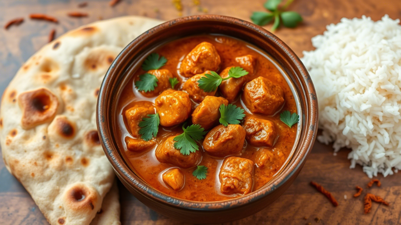 "Indian-style seitan curry in a rich coconut sauce, garnished with fresh cilantro, served with naan and basmati rice."