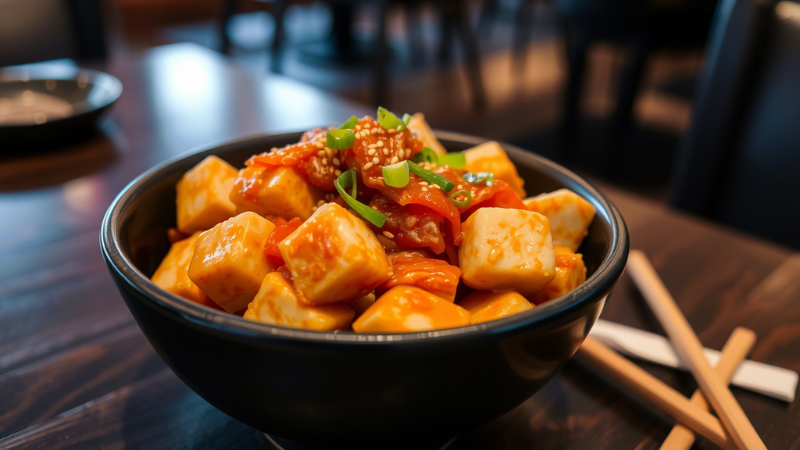 "Tofu Kimchi Stir-Fry in a Black Ceramic Bowl with Garnishes"