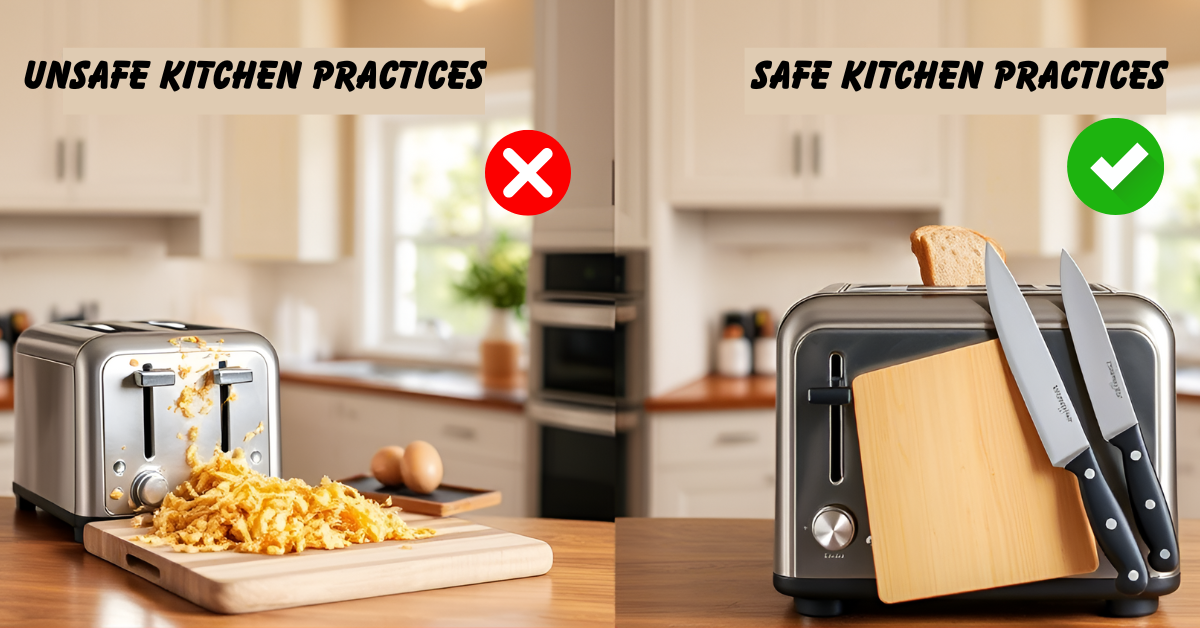 Picture showing unsafe and safe kichen practices