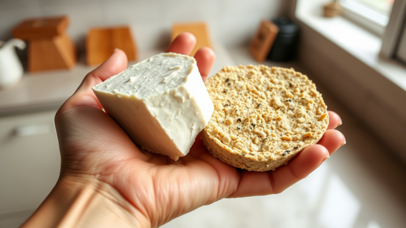 "Hand Holding Tofu and Tempeh Showing Texture Differences"