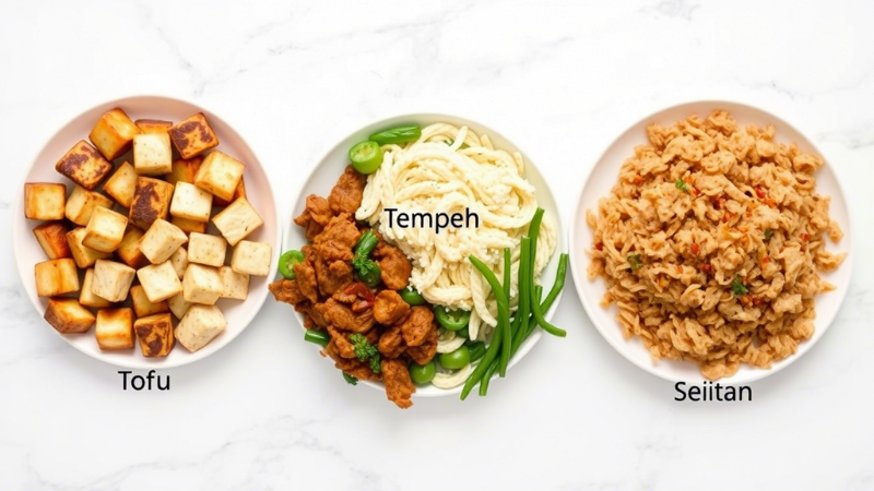 "Top-Down View of Tofu, Tempeh, and Seitan Dishes with Labels"