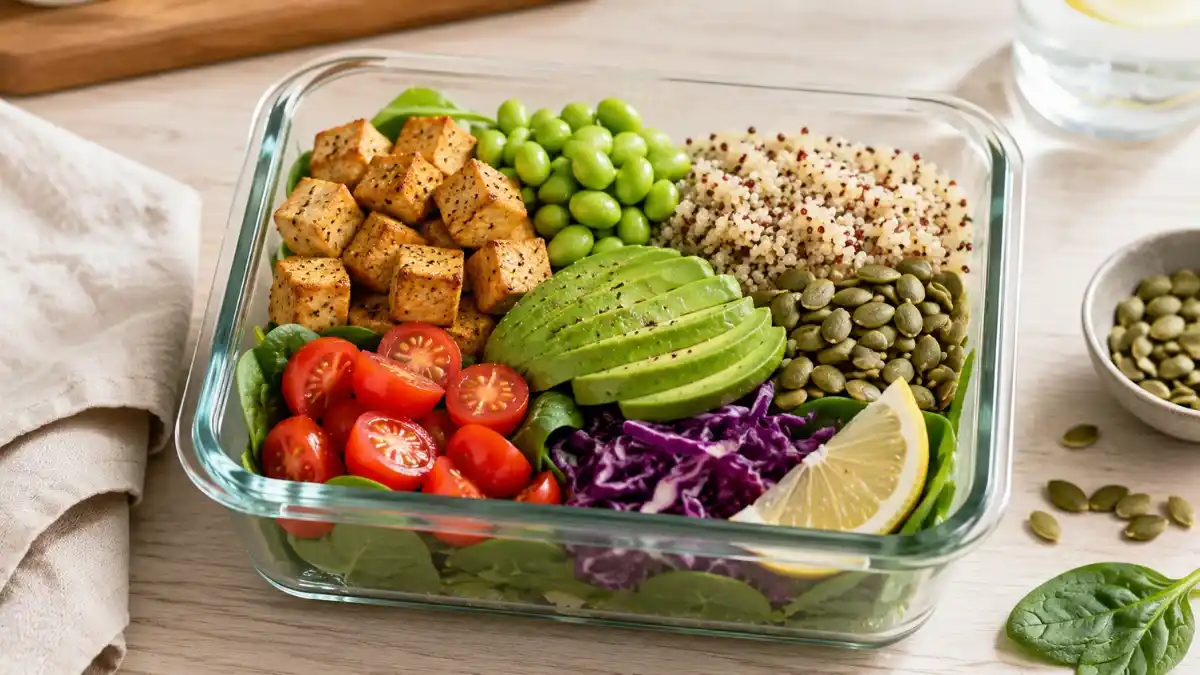 balanced celiac safe vegan food with tofu quinoa edamame and fresh vegetables 