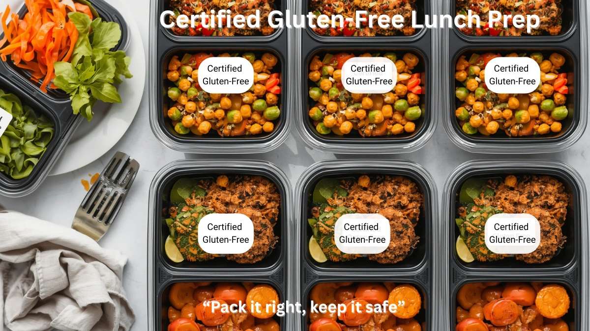 Certified gluten-free vegan lunch prep containers on kitchen counter