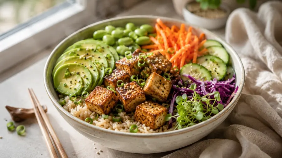 crispy tofu vegan protein bowl