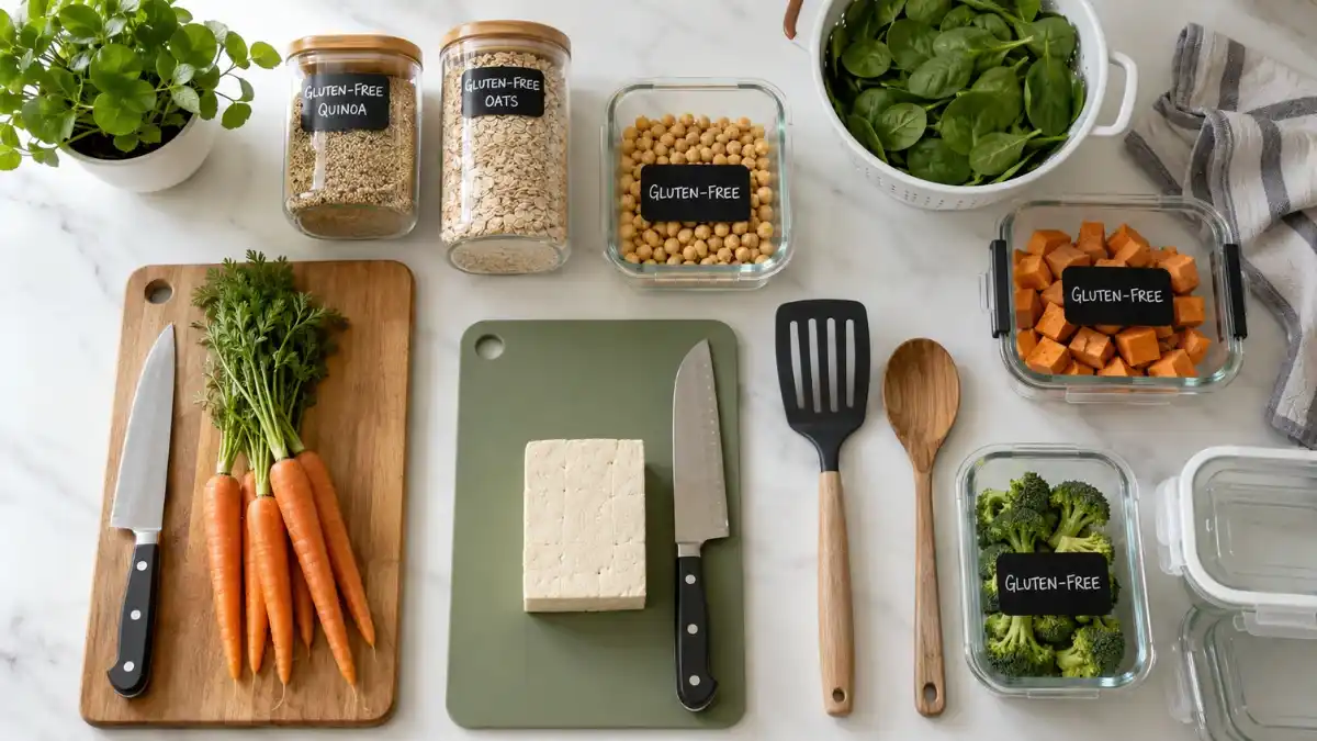 gluten free vegan lunch ideas prepared safely with separate cutting boards and clean meal prep tools 