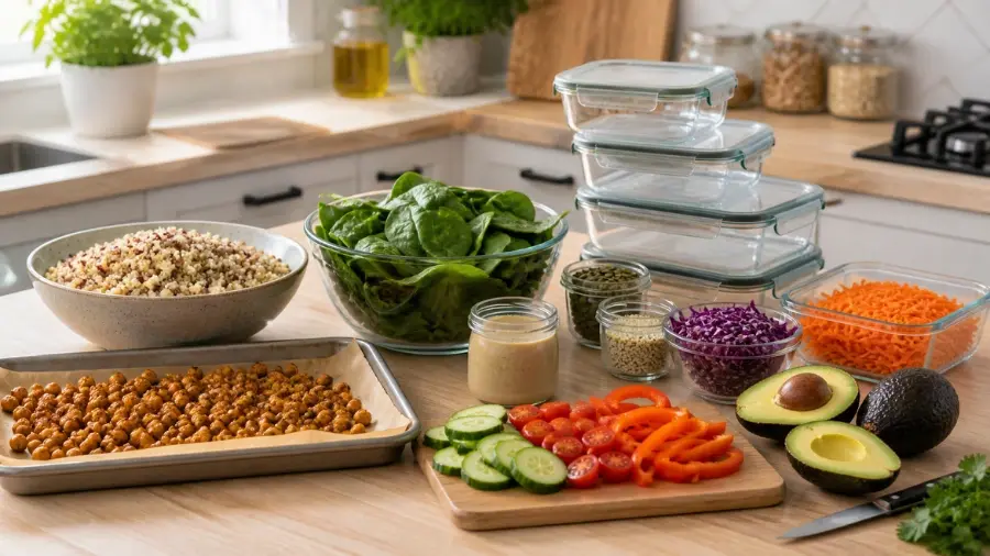 gluten free vegan meal prep ingredients for vegan lunch recipes for work and high protein plant based lunches
