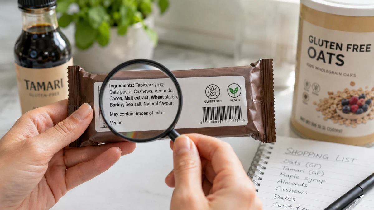 checking vegan food labels for hidden gluten ingredients in a bright kitchen 