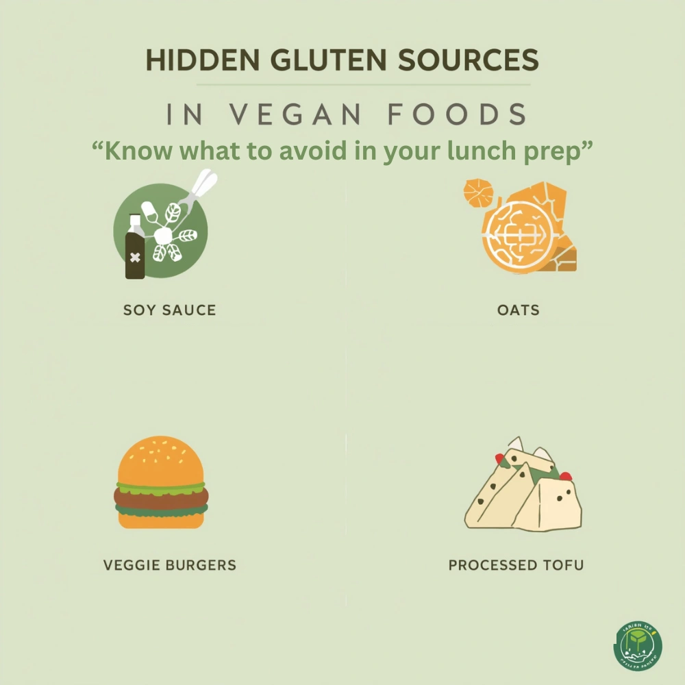Infographic showing hidden gluten sources in vegan foods for celiac safety