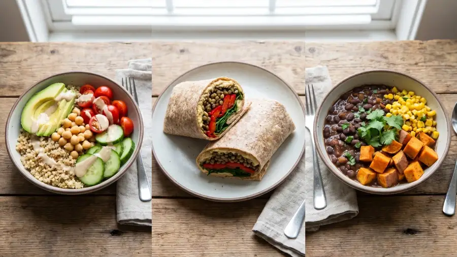 High protein plant based meal ideas quinoa bowl wrap and bean bowl