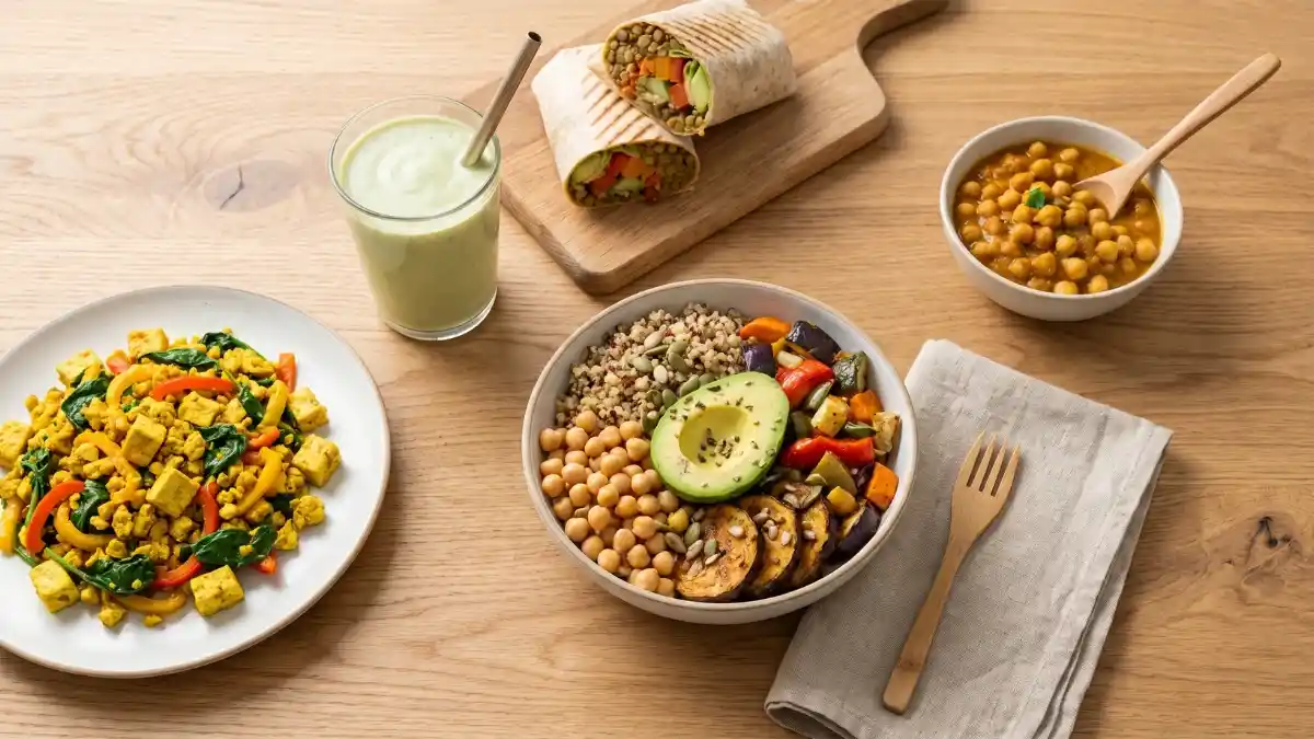 High protein vegan recipes meal spread with tofu scramble, quinoa bowl and smoothie