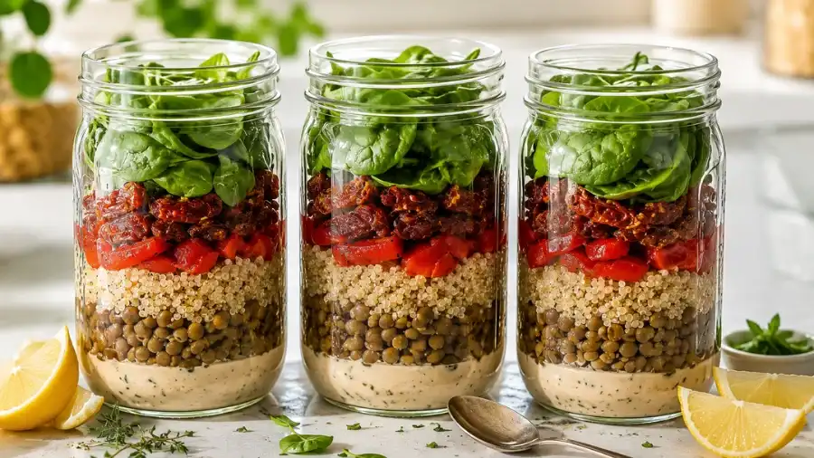 gluten free vegan meal prep with lentil quinoa salad jars and vegan gluten free lunch recipes