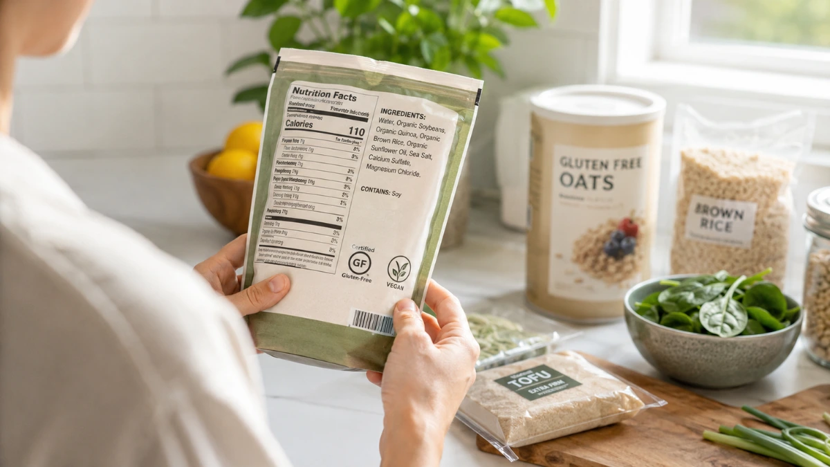 gluten free vegan lunch ideas with a person checking ingredient labels in a bright modern kitchen