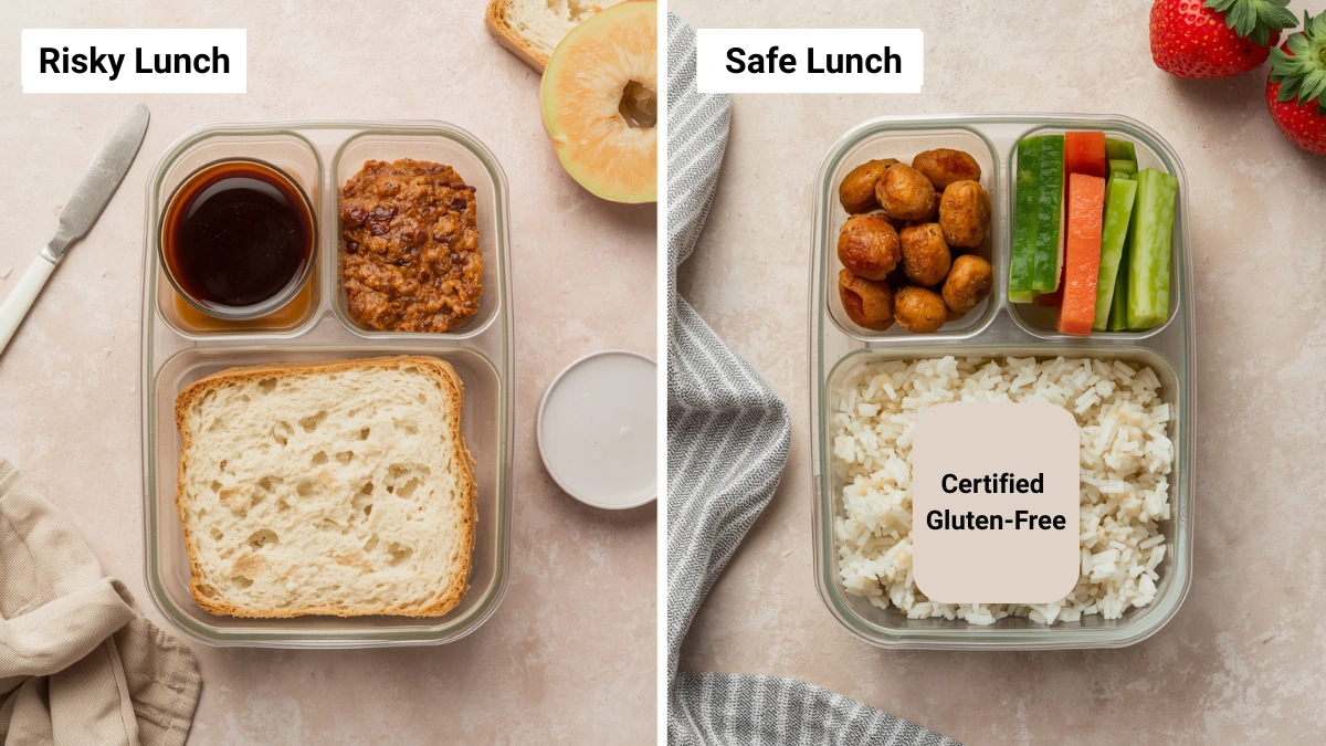 Comparison of safe gluten-free vegan lunch vs risky contaminated lunch