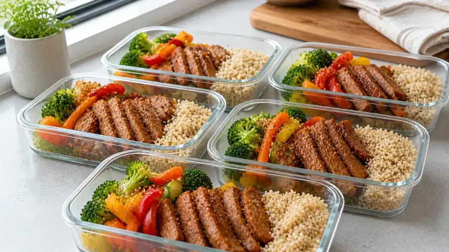Seitan meal prep ideas with rice vegetables in containers