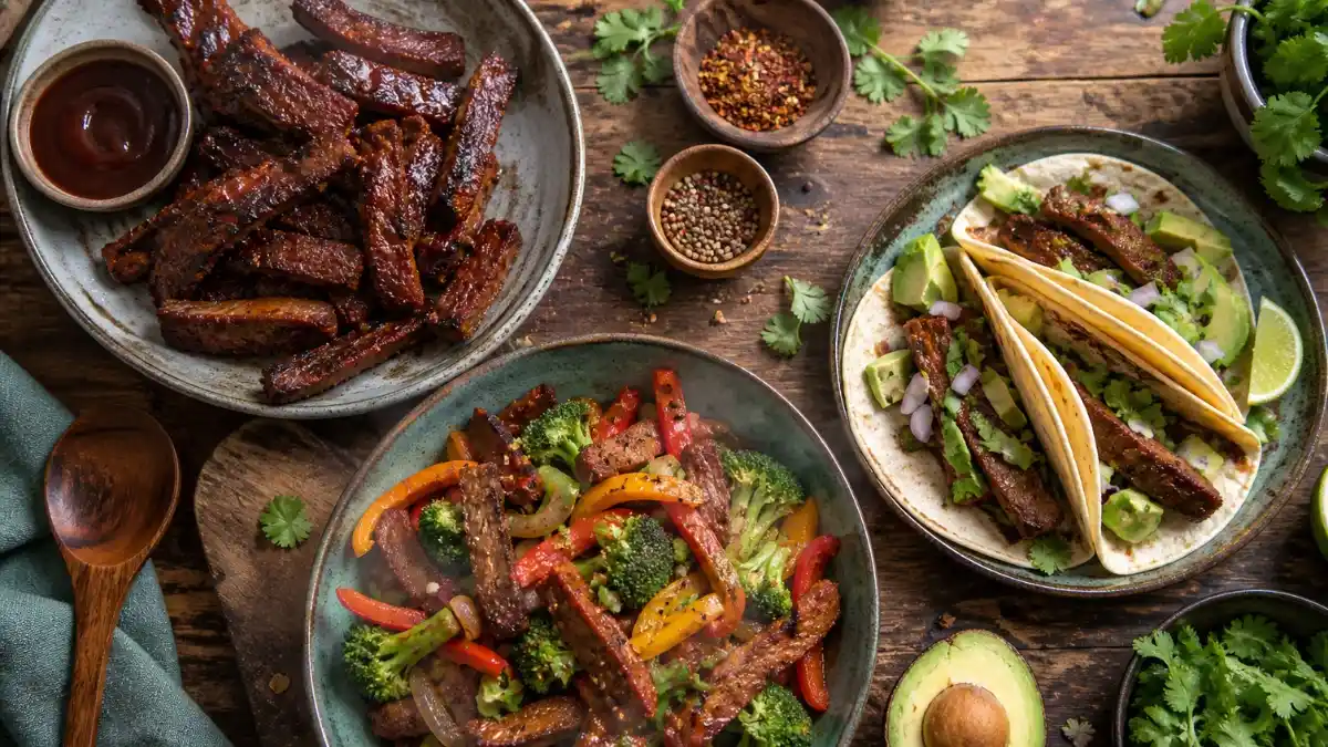 Seitan recipes high protein vegan meals with BBQ strips stir fry and tacos