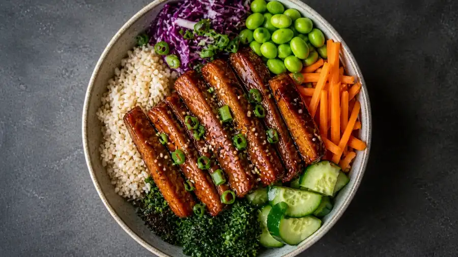 Seitan rice bowl high protein vegan meal with vegetables