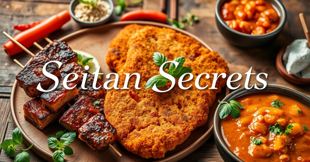 "A variety of seitan-based dishes, including BBQ seitan skewers, crispy schnitzel, and Indian seitan curry, arranged on a rustic wooden table with fresh herbs and spices."