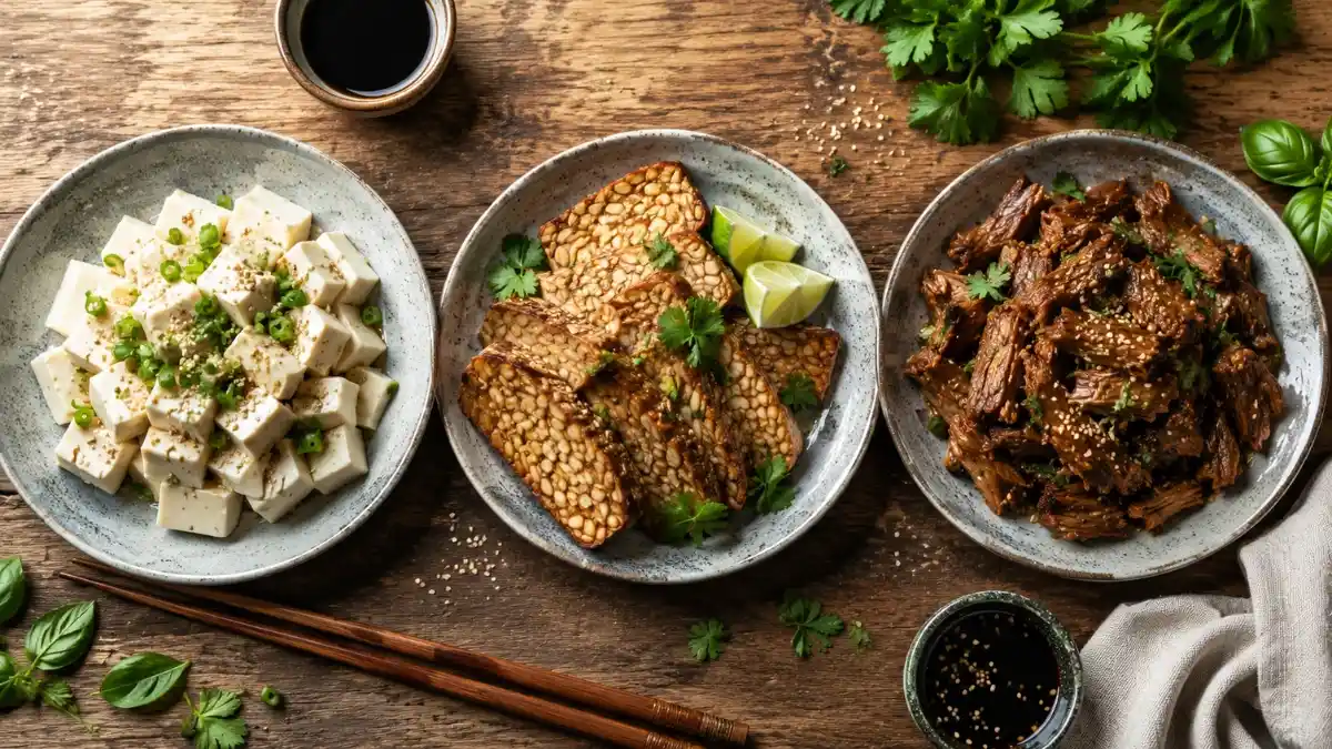 seitan tempeh tofu comparison on a wooden board