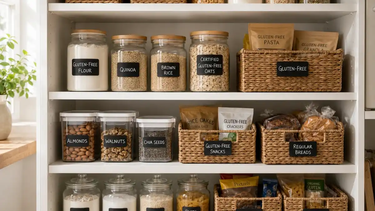 shared kitchen gluten free tips with labeled pantry jars and organized storage shelves 