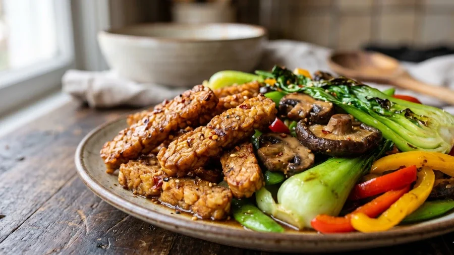 tempeh stir fry plant based high protein dinner recipe