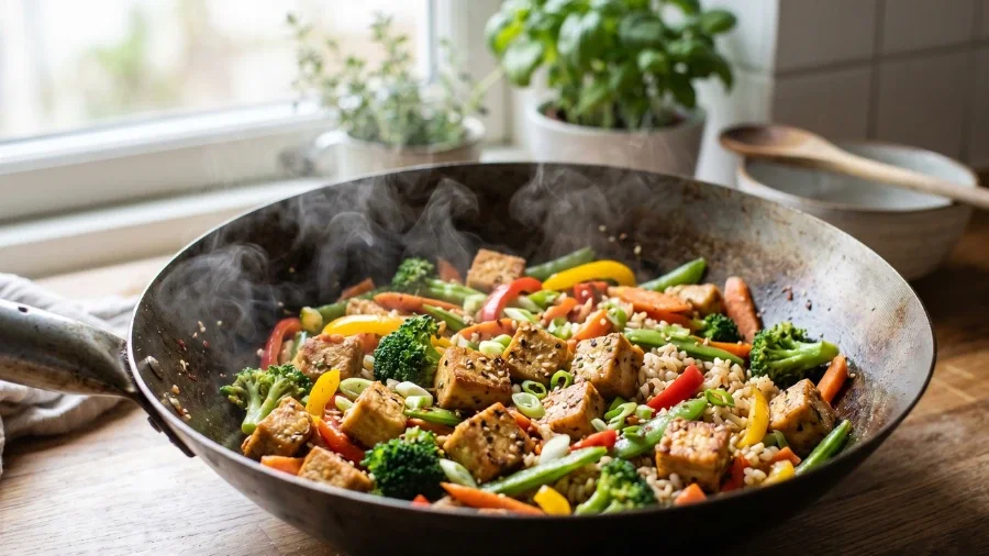 easy tofu stir fry with brown rice high protein vegan dinner