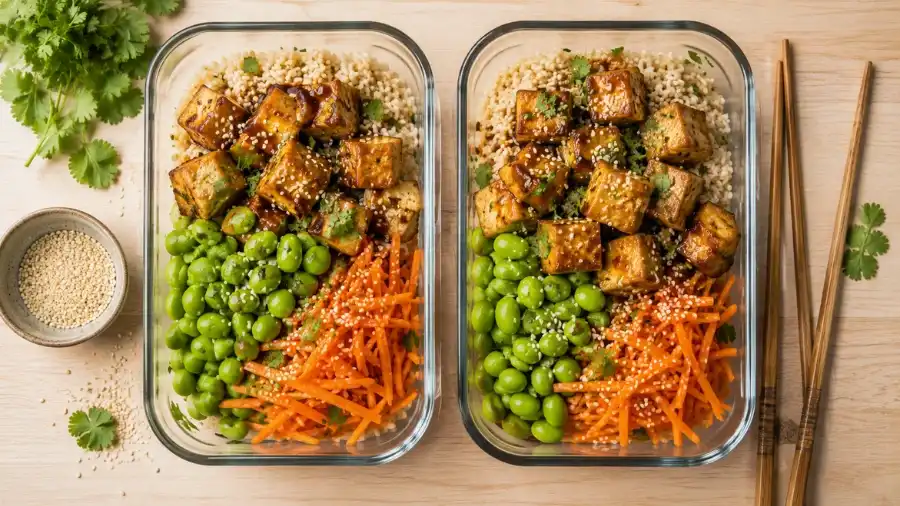 high protein plant based lunches with tofu veggie rice bowls for gluten free vegan meal prep