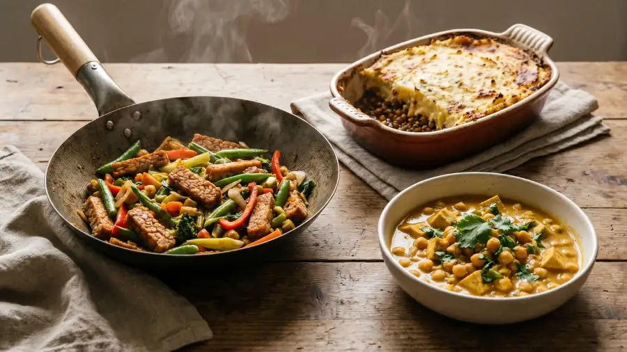 Vegan protein meals for muscle gain tempeh stir fry curry and lentil pie