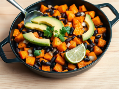 "Black bean and sweet potato hash, an easy vegan one-pot meal with 12-15g protein."