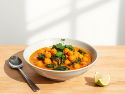 "Chickpea and spinach curry, a creamy easy vegan one-pot meal with 15g protein."