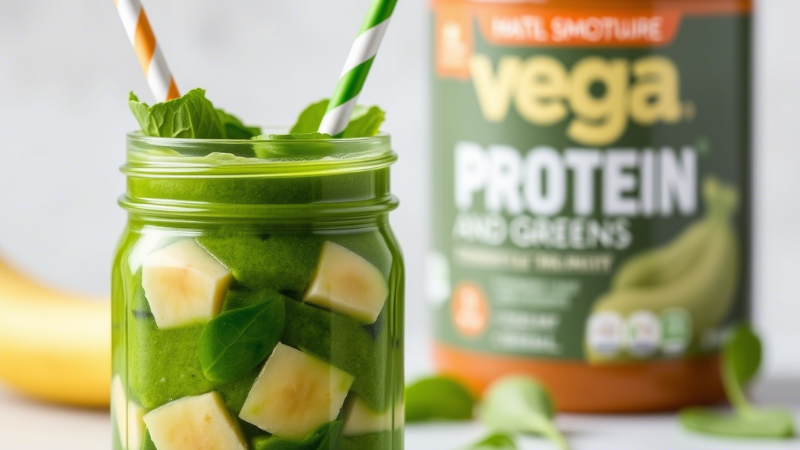 "Green detox smoothie jar for vegan meal prep for weight loss with spinach and Vega Protein and Greens in the background."