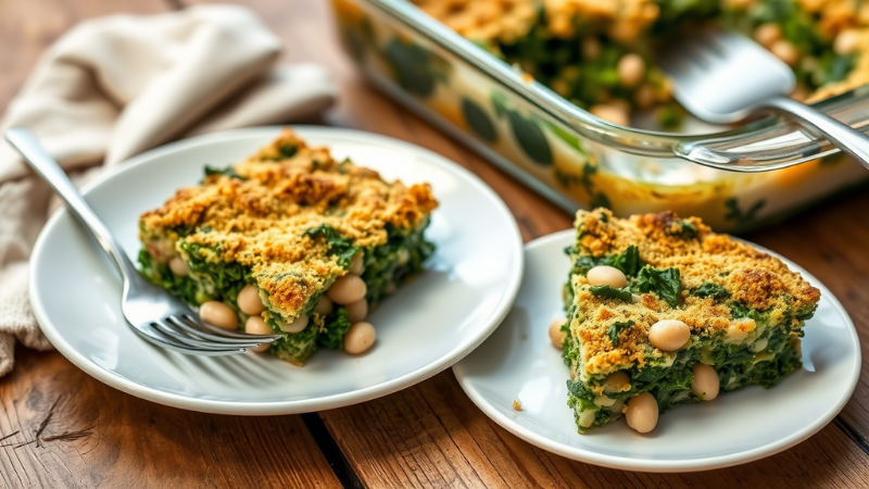 "Slice of kale and white bean casserole on a plate for vegan meal prep for weight loss, with the casserole dish in the background."