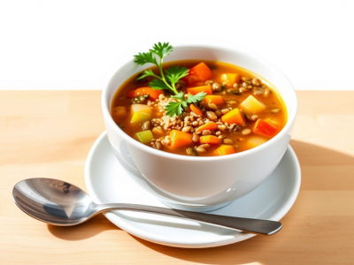 "Lentil and vegetable soup with quinoa, an easy vegan one-pot meal with 15-20g protein."