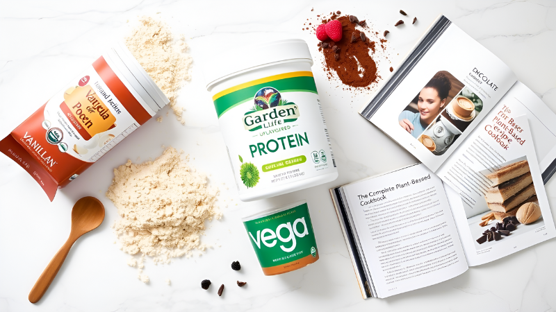 "Vegan protein powder products collage with Orgain, Garden of Life, Vega, and cookbook on marble background."