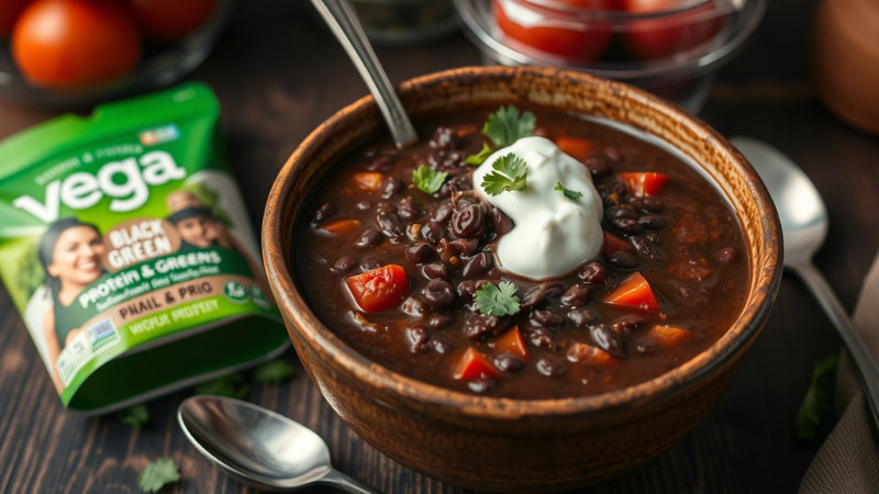 "Bowl of protein-packed black bean soup for vegan meal prep for weight loss, garnished with cilantro and Vega Protein and Greens in the background."