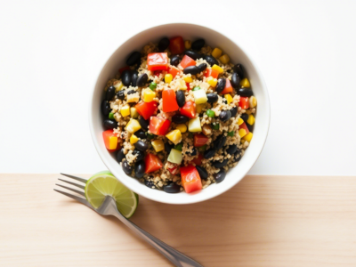 "Quinoa and black bean salad, an easy vegan one-pot meal with 12-15g protein."