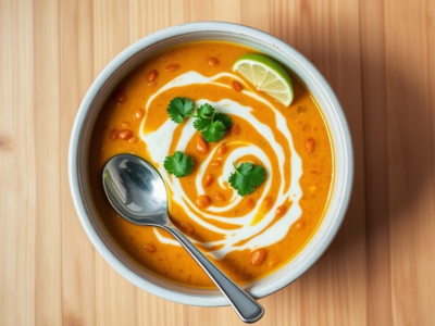 "Red lentil dhal with coconut milk, an easy vegan one-pot meal with 18g protein."