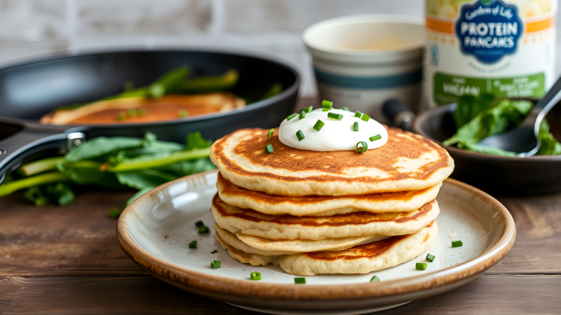 "Savory Protein Pancakes with Garden of Life Vegan Protein Powder topped with vegan sour cream on a plate."
