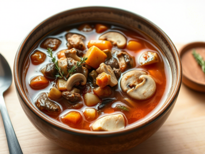 "Seitan and mushroom stew, an easy vegan one-pot meal with 25g protein."