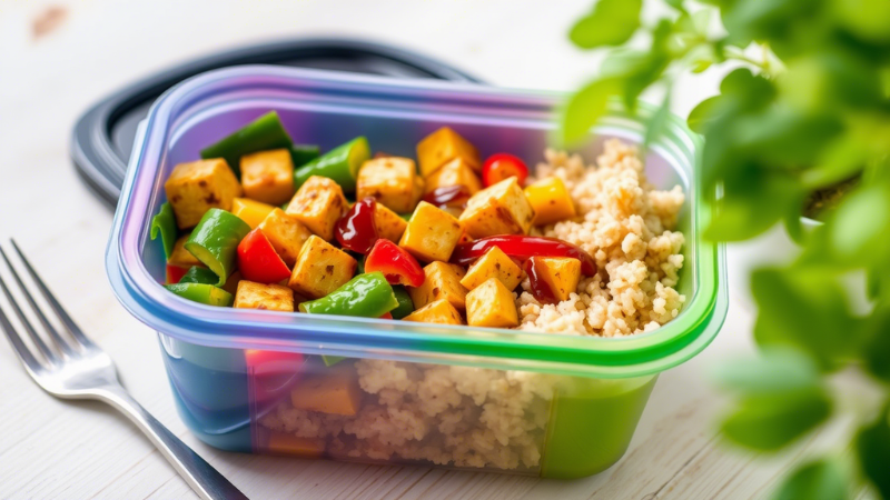 "Tempeh stir-fry with brown rice in a meal prep container for vegan meal prep for weight loss, with bell peppers and a fork on a wooden table."