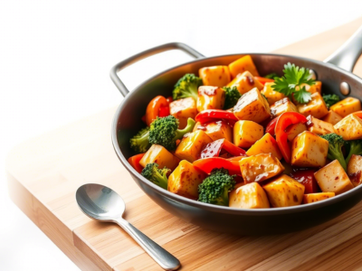 "Tofu and vegetable stir-fry, a quick easy vegan one-pot meal with 20g protein."