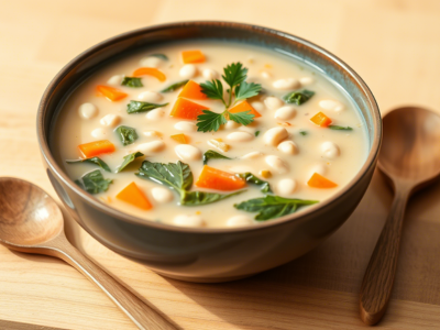 "White bean and kale soup, an easy vegan one-pot meal with 15g protein."