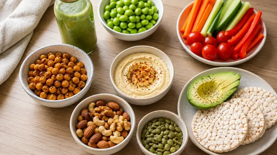 balanced vegan gluten free lunch with edamame chickpeas seeds avocado and fresh vegetables