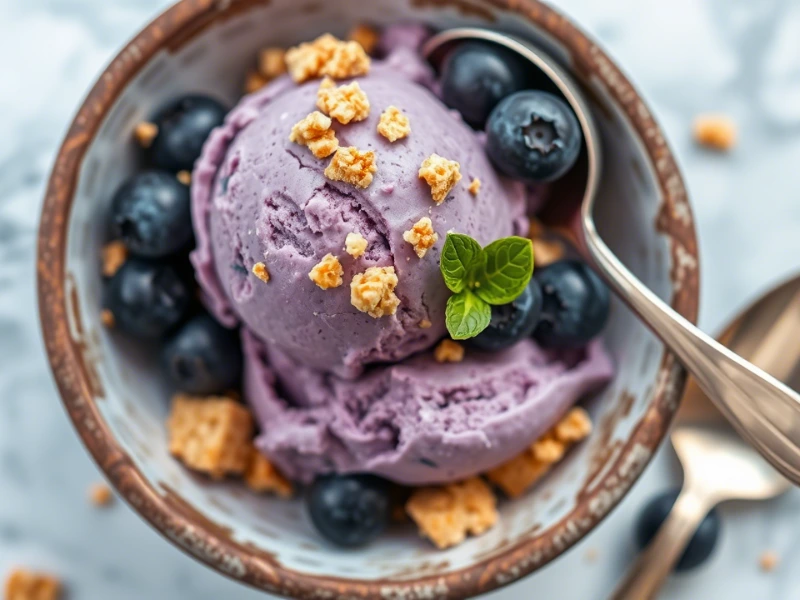 Vegan and sugar free blueberry pie ice cream with graham crumbs