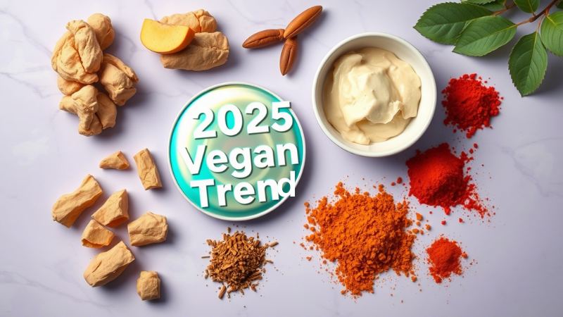 Flat-lay of future vegan ingredients like jackfruit and aquafaba on a marble countertop.