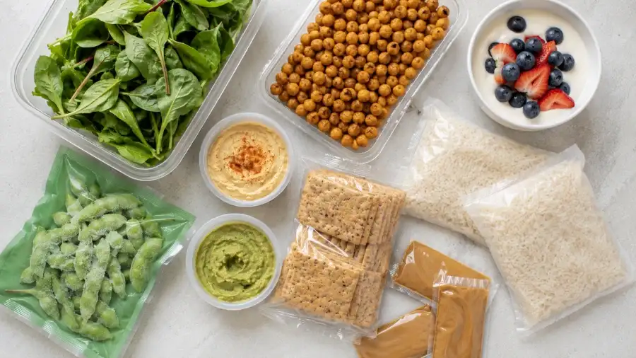 grocery store vegan gluten free lunch staples including hummus cups crackers edamame and dairy free yogurt