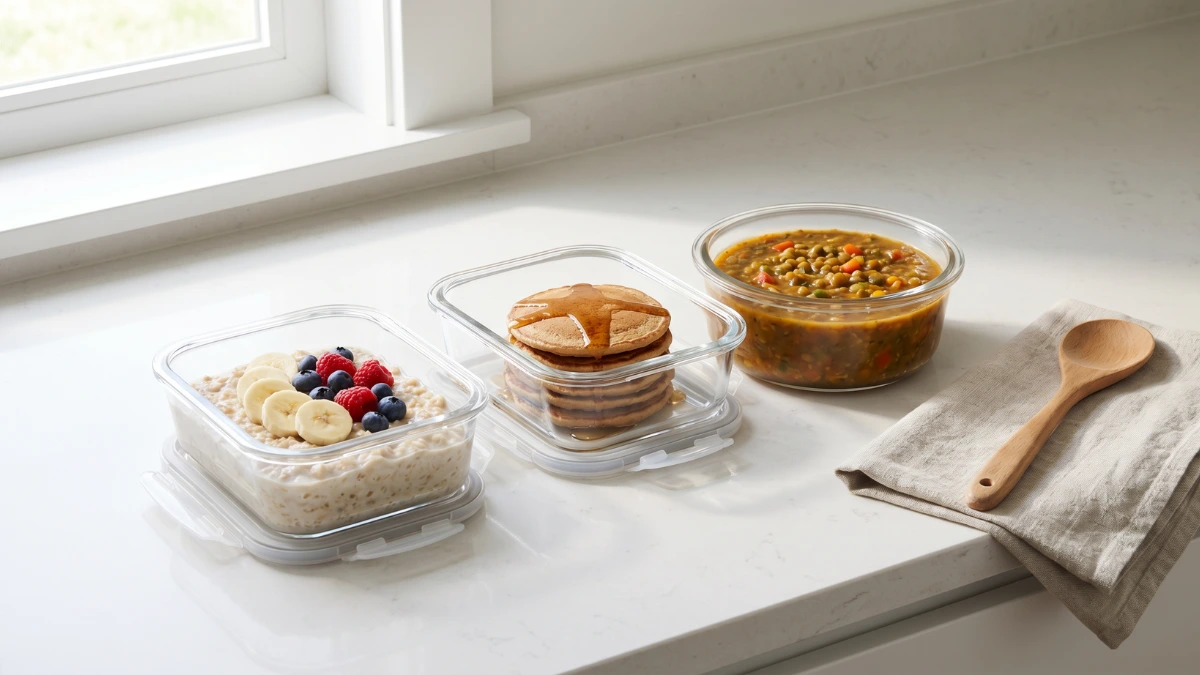 high protein vegan meal prep oatmeal pancakes containers