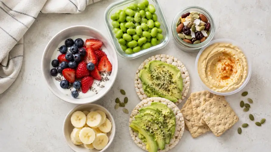 no cook vegan lunch ideas with hummus rice cakes avocado trail mix and dairy free yogurt