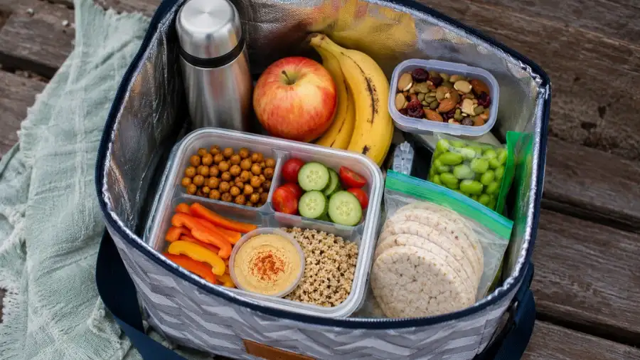 portable vegan lunch ideas packed in an insulated lunch bag for travel and work
